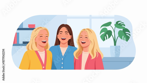 Three friends laughing together indoors, with a plant and bookshelf in the background