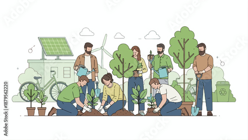 Diverse group of people planting trees and gardening together outdoors