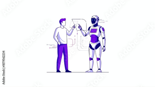 Man and robot collaborating with futuristic interface