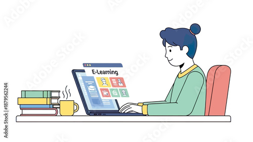 Woman engaged in online learning with laptop and books