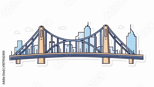 Stylized suspension bridge with urban skyline backdrop, featuring pale blue buildings and neutral colored bridge elements