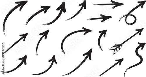 A comprehensive collection of hand-drawn doodle arrows pointing in various directions and styles.