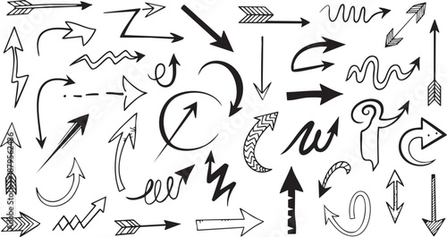 A comprehensive collection of hand-drawn doodle arrows pointing in various directions and styles.