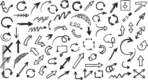A comprehensive collection of hand-drawn doodle arrows pointing in various directions and styles.