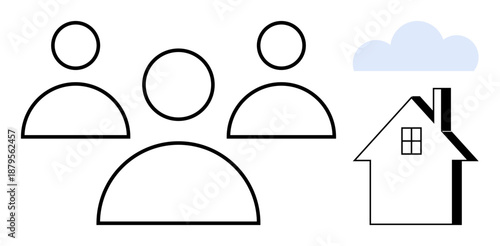 Family life, housing community, teamwork, group identity, real estate, homeownership. Minimalist icons of three people and a house with a cloud. Family life and housing community concept