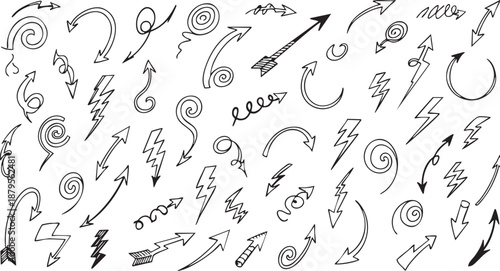 A comprehensive collection of hand-drawn doodle arrows pointing in various directions and styles.
