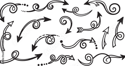 A comprehensive collection of hand-drawn doodle arrows pointing in various directions and styles.