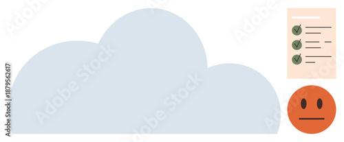 Cloud storage, task management, digital workflow, data auditing, decision-making, modern organization. A cloud, checklist with ticks and a neutral face icon. Cloud storage and task management