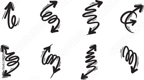 A collection of various hand-drawn black arrow doodles and scribbles pointing in different directions, isolated on a white background.