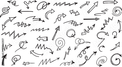 A collection of hand-drawn doodle arrows in various styles and directions, isolated on a white background.