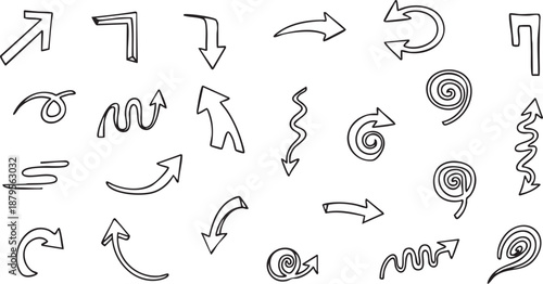 A collection of hand-drawn doodle arrows in various shapes and directions, including straight, curved, spiral, and wavy designs.