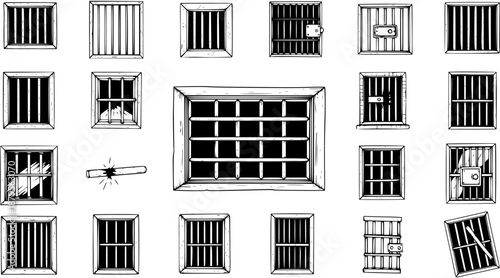 Hand-Drawn Collection of Prison Cell Windows and Jail Bars, with Locks, Security Elements, and a Broken Bar in Black and White Sketch Style