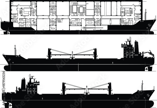 Detailed black ship silhouette and interior cross section plan vector illustration, maritime cargo transport vessel design, industrial engineering blueprint, nautical technical drawing.