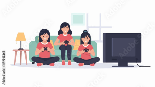Three girls enjoying video games on a couch and floor with a TV