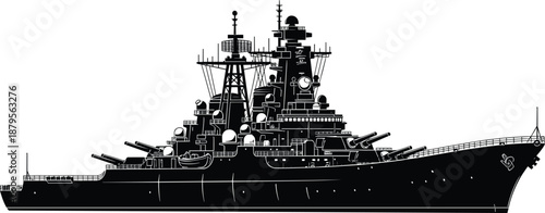 Detailed black silhouette of a modern naval battleship with heavy artillery and radar systems, military warship icon, cad drawing flat vector illustration,