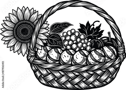 Detailed fruit basket with sunflower in hand-drawn engraving style featuring fruits, leaves and woven texture for vintage illustration and CAD drawing artwork