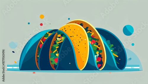 Stylized tacos with vibrant fillings presented in a clean, abstract graphic style on a muted background