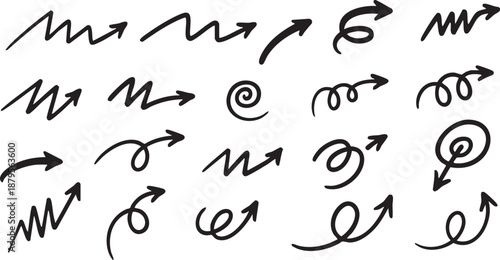 A collection of various hand-drawn black arrow doodles and scribbles pointing in different directions, isolated on a white background.