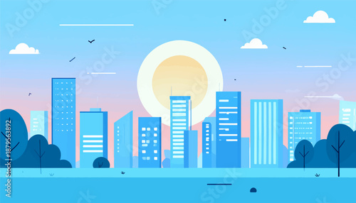 Stylized urban landscape featuring tall buildings, trees, clouds, and a prominent sun at dusk