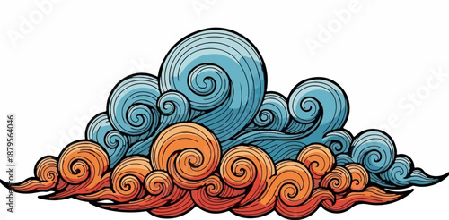 Stylized swirls of blue sky and orange fire-like clouds cascade across a white background