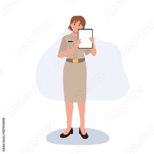 woman civil servant in official uniform holding digital tablet modern government presentation illustration