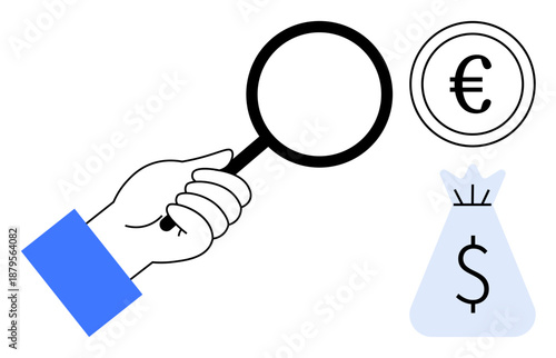 Hand holding magnifying glass examining money bag with dollar sign and euro coin. Ideal for financial analysis, investment research, economic trends, currency exchange, savings, budgeting, audits