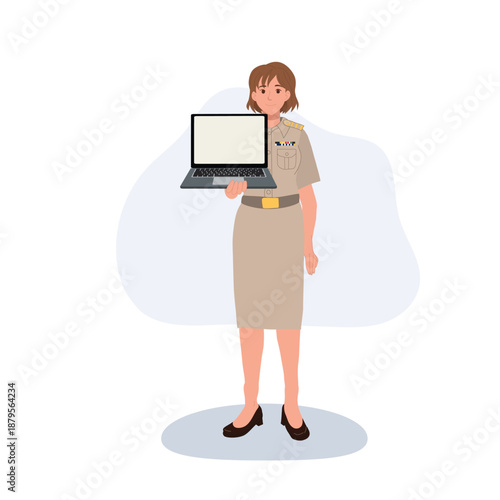 female civil servant holding laptop in official uniform