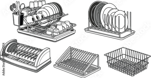 Dish drying rack set with kitchen dish drainer trays, plate holders, utensil organizers, countertop drying stands, kitchenware storage designs