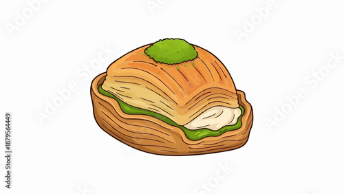 Sweet, layered pastry with cream and green nut topping