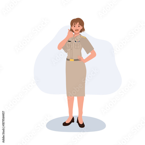 a Thai female government officer or civil servant in official uniform, smiling and giving a thumbs up gesture