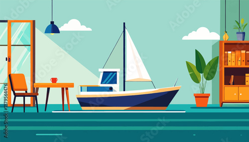 Stylized indoor scene with a boat, table, chair, plant, and bookshelf