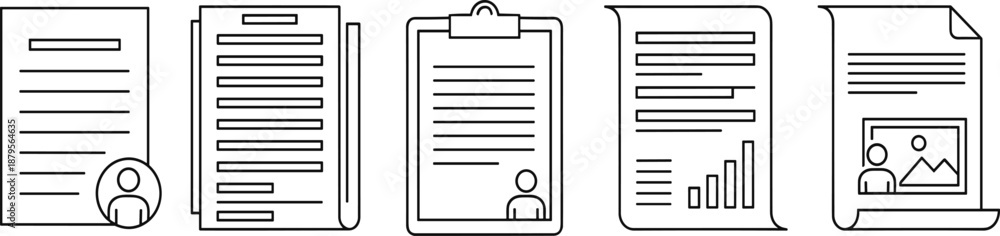 Fototapeta premium Document and report icons set, profile paper sheets, clipboard forms, business files, data reports, office paperwork illustration for corporate use