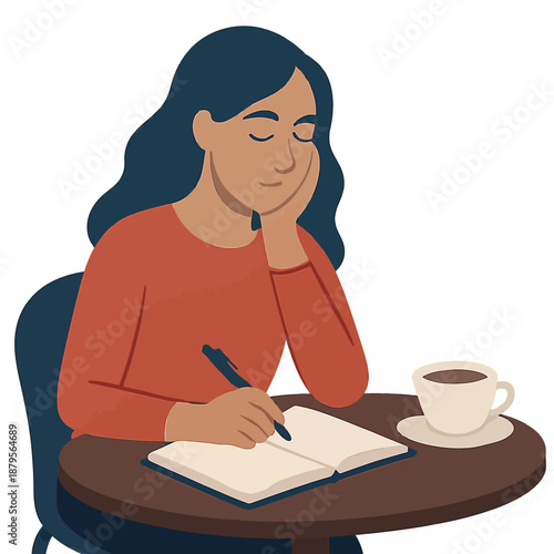  Woman Journaling Alone in Café Vector Illustrating Self Reflection and Mindful Living isolated white background
