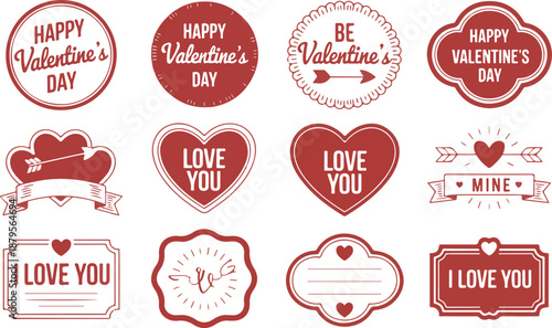 Happy valentine day red stamps and emblems with hearts arrows and love messages for greeting cards