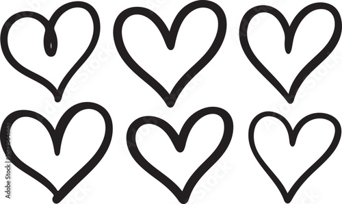 Six hand drawn hearts sketchy outline simple black simple valentine doodles on transparent background