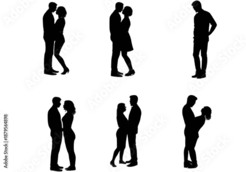 Silhouettes of romantic couples in various intimate poses