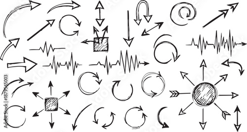 A large collection of hand-drawn sketch arrows, circular symbols, and wave patterns, illustrating various directions and movements.