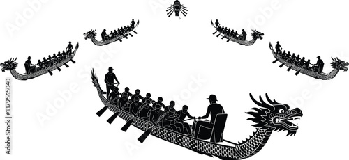 Dragon, boat, race, silhouette, paddlers, team, sport, cultural, festival, water, competition, black, vector, illustration, cad, drawing, flat, design, traditional, rowing, leader, event