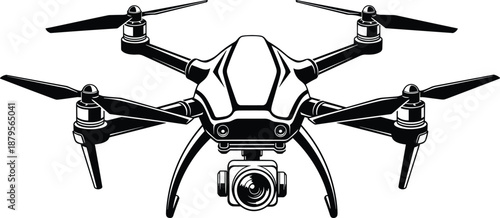 Drone, quadcopter, camera, aerial, technology, UAV, flying, gadget, photography, videography, surveillance, modern, aviation, device, propellers, black, white, vector, illustration, design