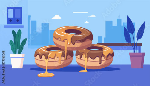 Three glazed donuts with dripping icing sit on a table with plants and city backdrop