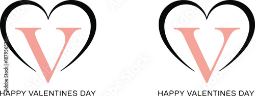Minimalist happy valentines day initial V inside black outline heart graphic element