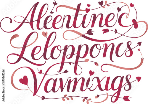 Abstract ornate lettering set with swirly flourishes and hearts for romantic theme presentation