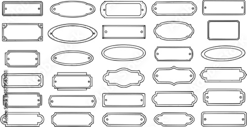 Set of Vintage Ornate Blank Labels, Plaques  Frames. Elegant Outline Design Elements for Badges, Nameplates, and Decorative Signs. Black  White Vector Collection.