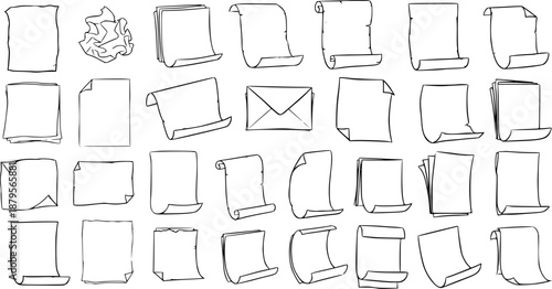 Hand-drawn doodle sketch set of various paper sheets, scrolls, crumpled paper, and an envelope. Collection of blank documents and notepads in sketchy line art style.