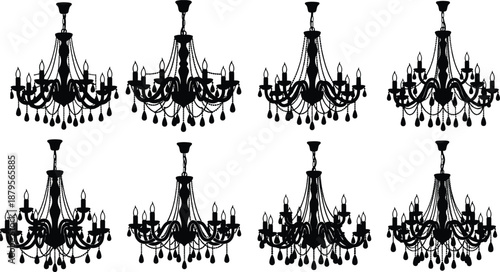 Elegant chandelier silhouettes, classic ceiling lighting fixtures, crystal lamp designs, vintage interior decor elements, ornate hanging lights, black vector illustration set