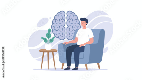 A man sitting in an armchair with a large brain illustration in the background, representing mental health and well-being.