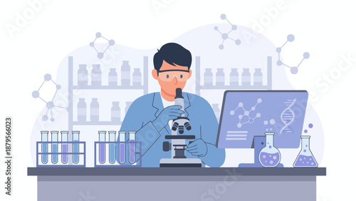 A scientist working in a laboratory with a microscope and computer, surrounded by scientific equipment and molecular diagrams.