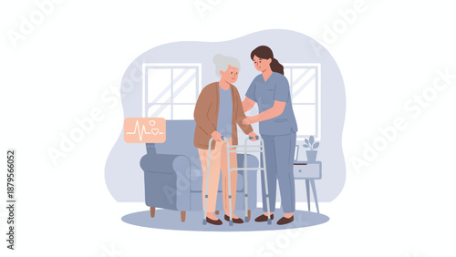 An elderly woman with a walker is assisted by a caregiver in a home setting, highlighting elder care and support.