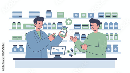 A pharmacist explaining medication to a customer at a pharmacy counter with shelves of products.