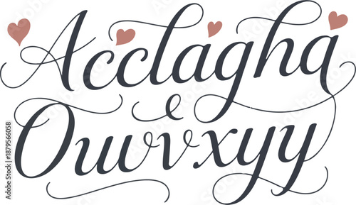 Elegant script font alphabet uppercase and lowercase letters isolated on grid background with hearts